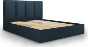 Tmavě modrá čalouněná dvoulůžková postel s úložným prostorem s