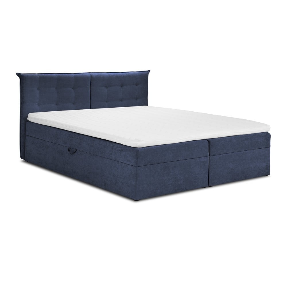 Tmavě modrá boxspring postel s úložným prostorem 200x200
