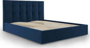 Tmavě modrá čalouněná dvoulůžková postel s úložným prostorem s