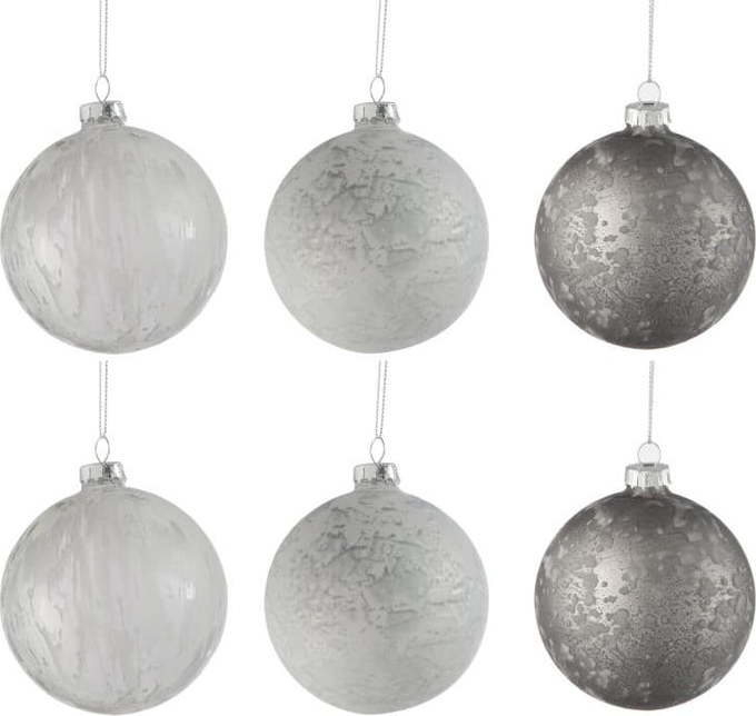 Sada 6 skleněných vánočních ozdob v bílo-stříbrné
