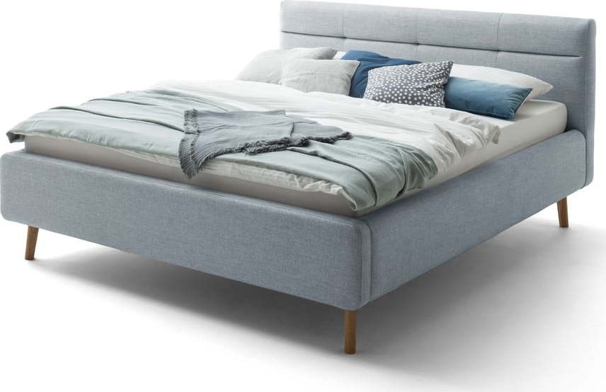 Šedomodrá čalouněná dvoulůžková postel s úložným prostorem a s