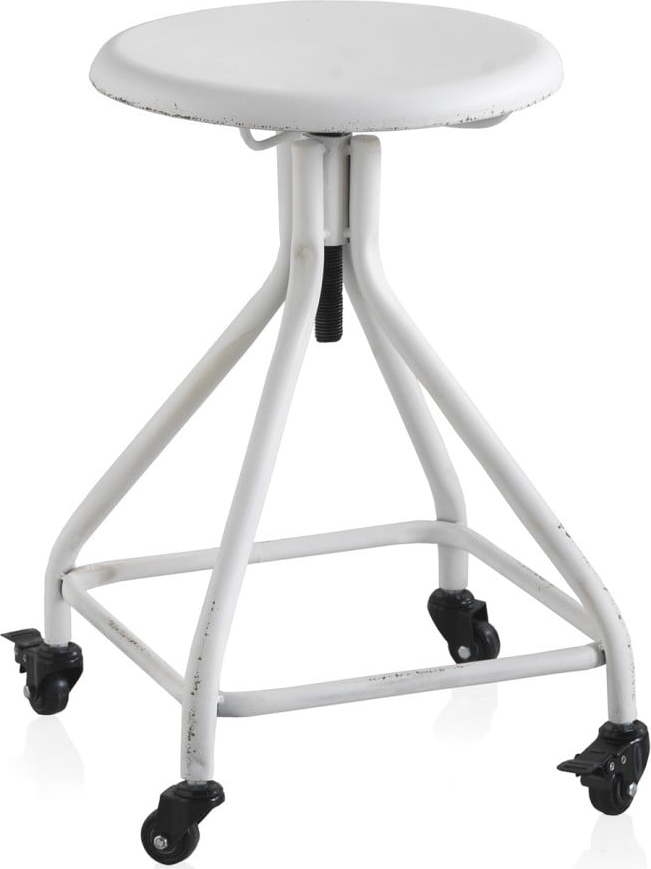 Bílá kovová pojízdná stolička na kolečkách s
