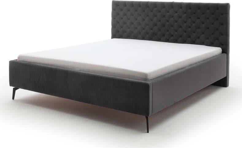 Tmavě šedá čalouněná dvoulůžková postel s úložným prostorem s roštem