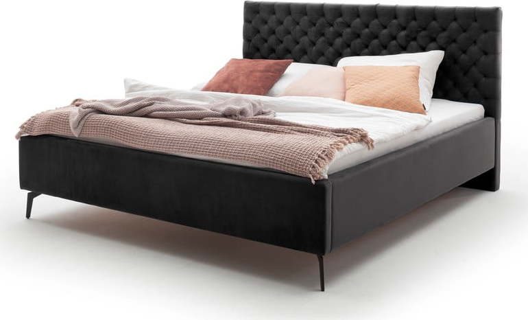Černá čalouněná dvoulůžková postel s úložným prostorem s roštem