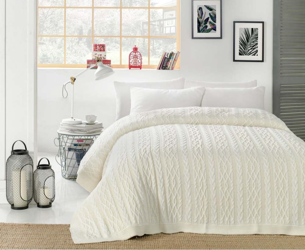 Světle krémový přehoz přes postel s příměsí bavlny Homemania