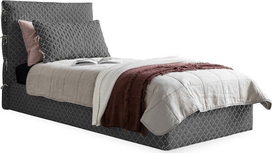 Šedá čalouněná jednolůžková postel s úložným prostorem s roštem