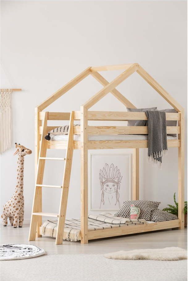 Domečková patrová dětská postel z borovicového dřeva 90x200 cm