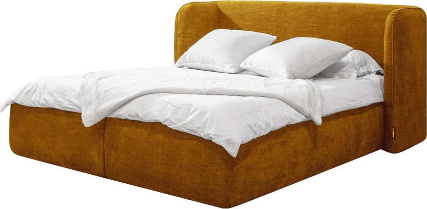 Okrově žlutá čalouněná dvoulůžková postel s úložným prostorem s
