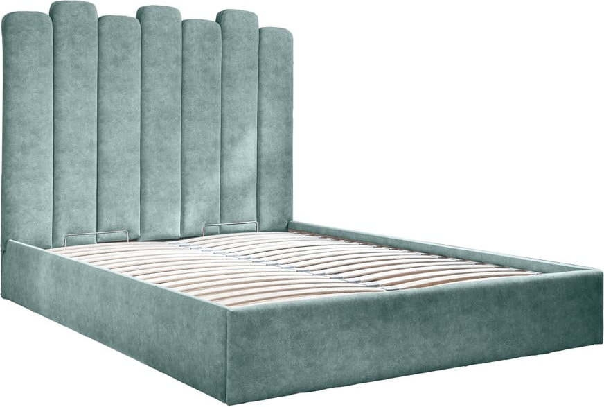 Tyrkysová čalouněná dvoulůžková postel s úložným prostorem s roštem