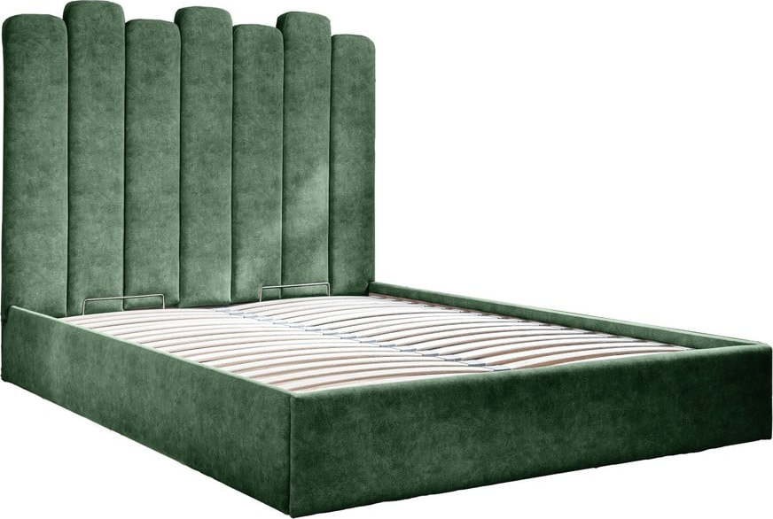 Zelená čalouněná dvoulůžková postel s úložným prostorem s roštem